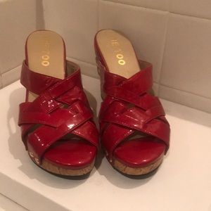 Me Too Red Patent Leather, Cork Heell Sandals- 6M